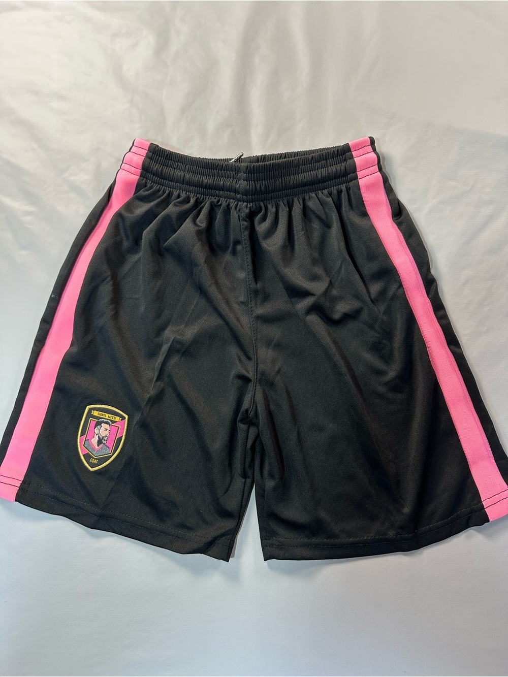 Black & Pink Athletic Kids' Shorts with Crest Leo Messi GOAT